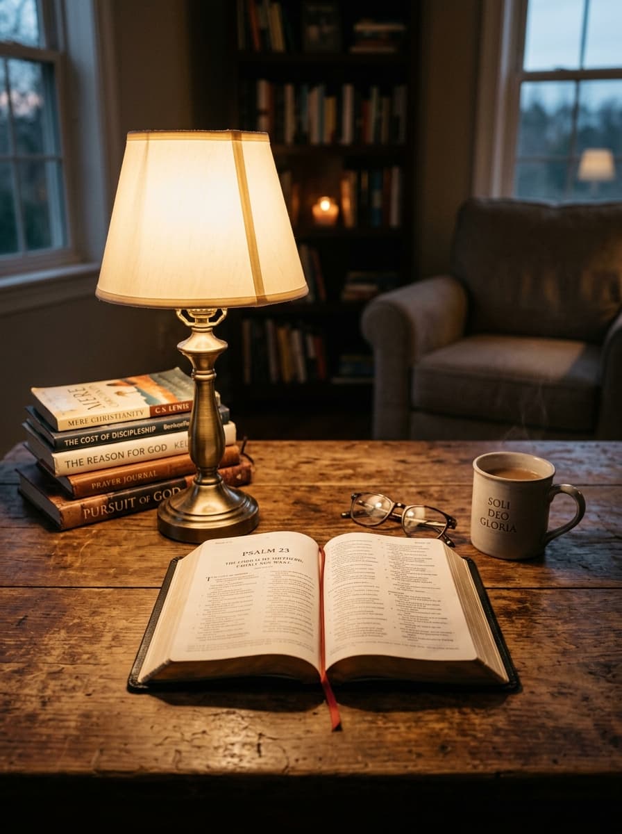 Bible and lamp on a table